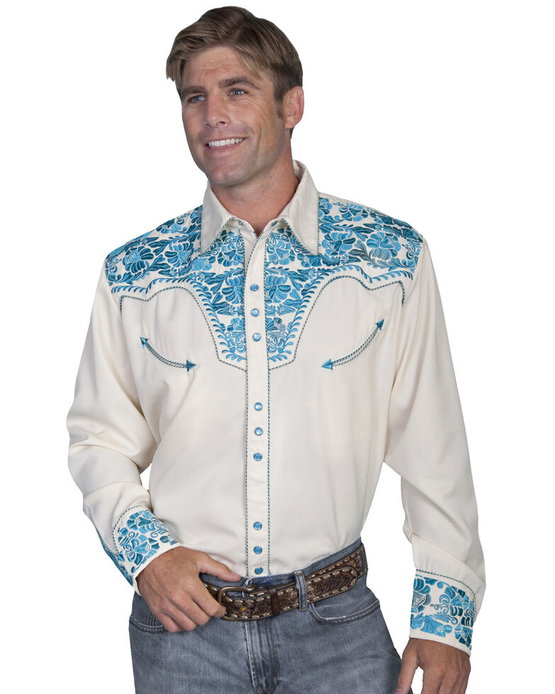 Scully Men's Grey Floral Embroidered Long Sleeve Western Shirt, Cream, hi-res