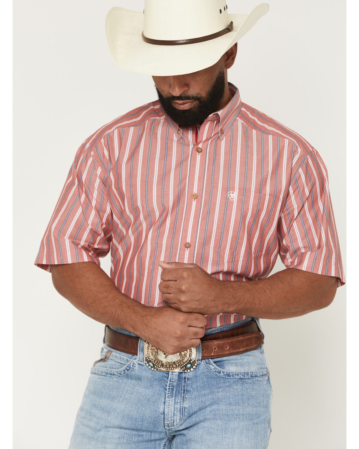 Image #1 - Ariat Men's Pro Series Bobby Striped Print Short Sleeve Button-Down Western Shirt, Red, hi-res