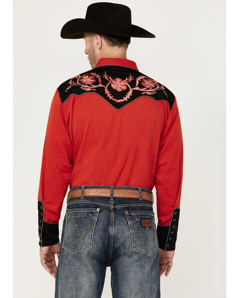 Image #4 - Scully Men's Floral Embroidered Long Sleeve Snap Western Shirt , Red, hi-res