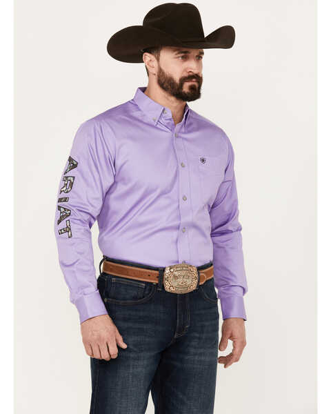 Ariat Men's Team Embroidered Logo Solid Twill Classic Fit Long Sleeve Button Down Western Shirt, Lavender, hi-res