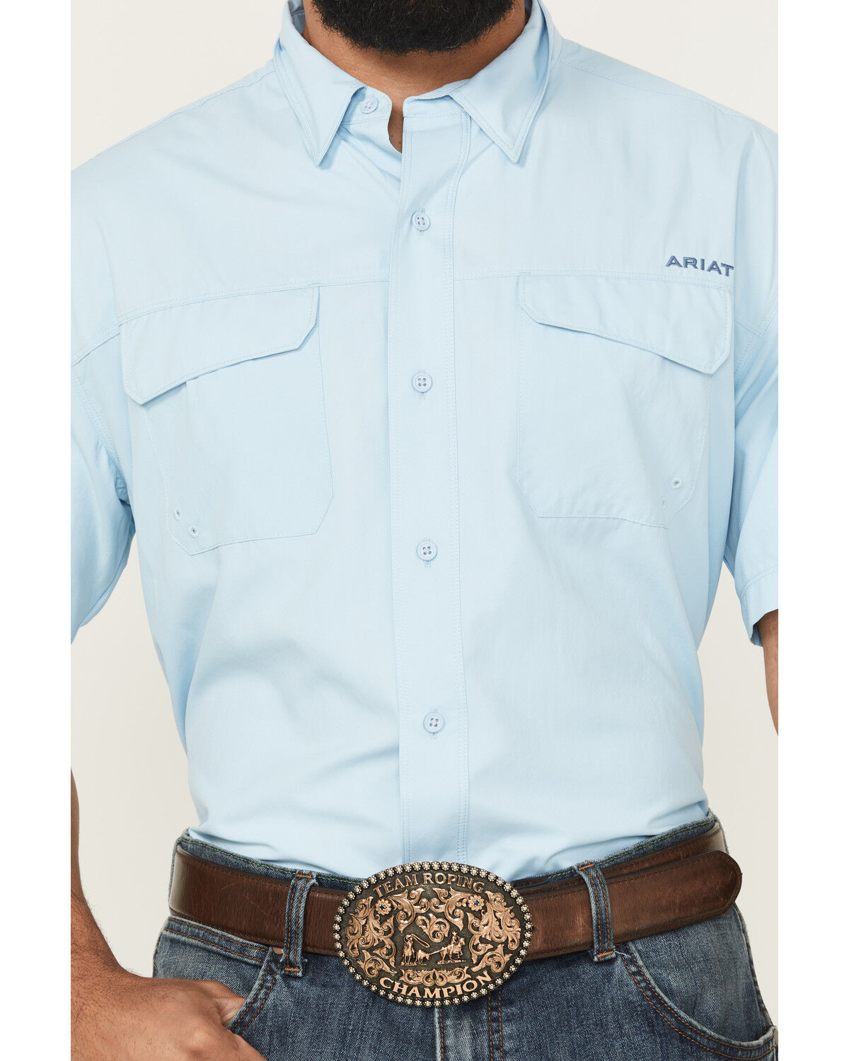 Image #3 - Ariat Men's VentTEK Solid Outbound Short Sleeve Button-Down Shirt - Tall, Light Blue, hi-res