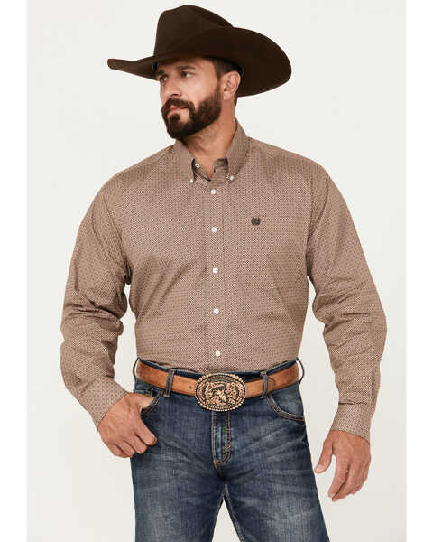 Cinch Men's Geo Print Long Sleeve Button-Down Stretch Western Shirt, Lt Brown, hi-res