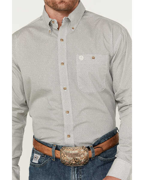 George Strait by Wrangler Men's Geo Print Long Sleeve Button-Down Western Shirt, Tan, hi-res