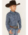 Roper Boys' West Made Southwestern Print Long Sleeve Western Pearl Snap Shirt, Blue, hi-res