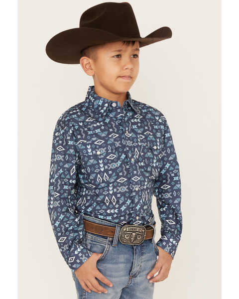 Roper Boys' West Made Southwestern Print Long Sleeve Western Snap Shirt, Blue, hi-res