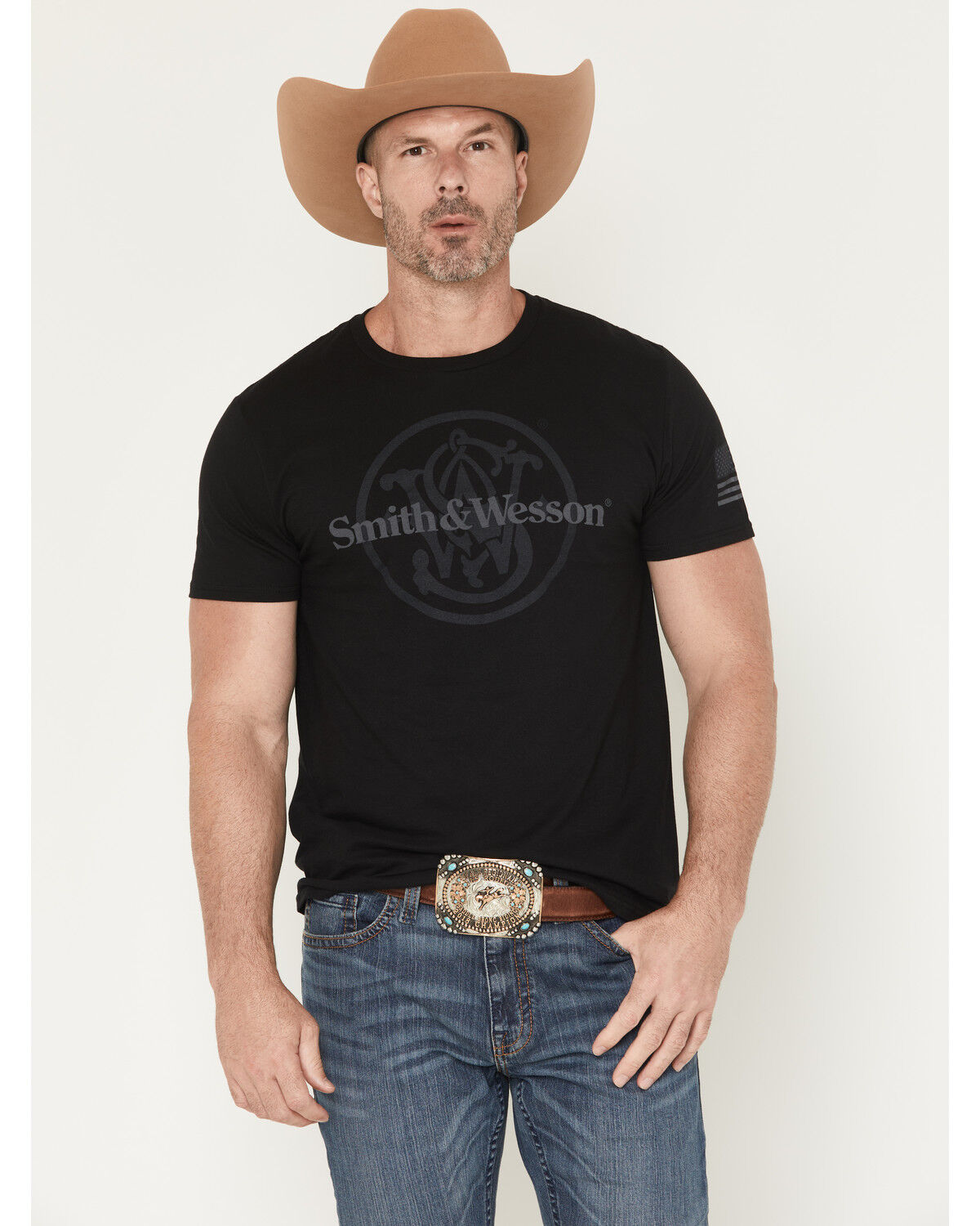 Image #1 - Smith & Wesson Men's Overlay Logo Short Sleeve Graphic T-Shirt, Black, hi-res