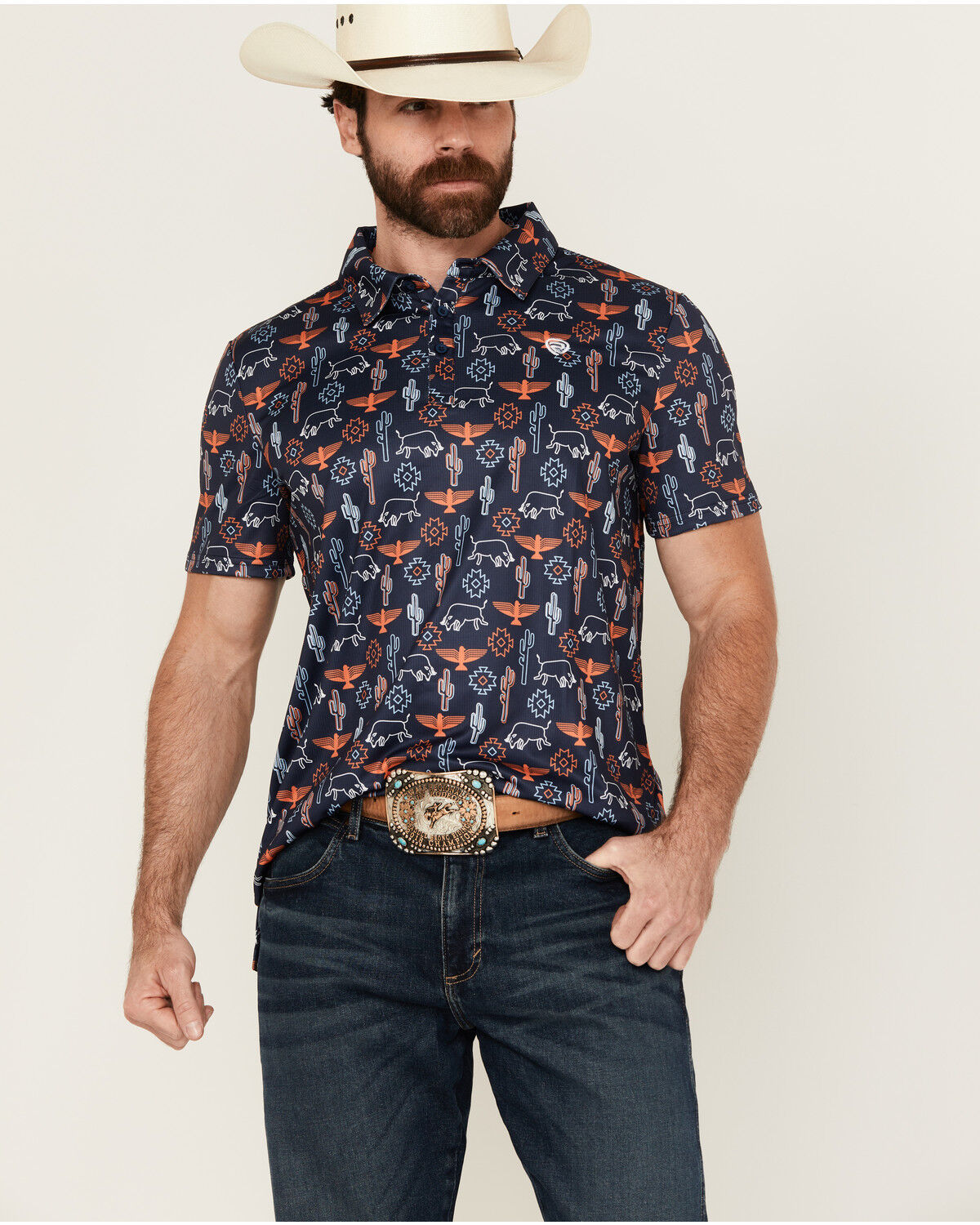 Image #1 - Rock & Roll Denim Men's Conversational Print Short Sleeve Polo Shirt, Navy, hi-res