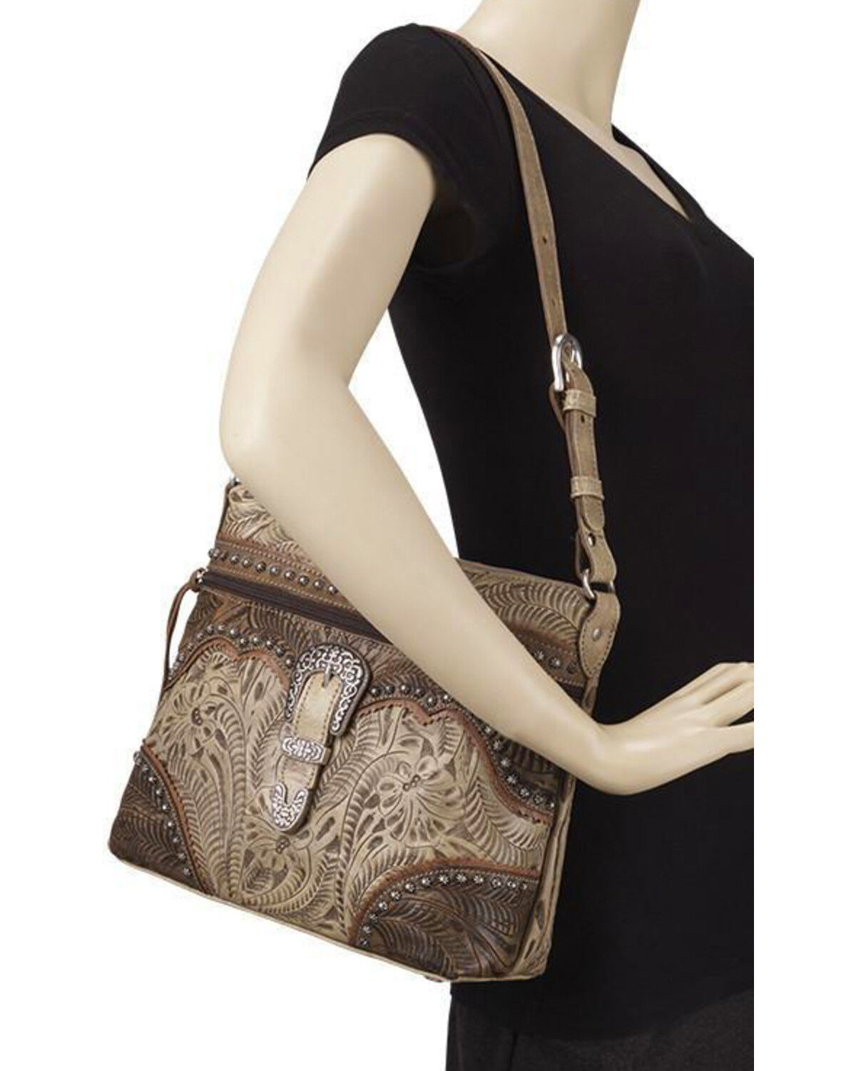 Image #4 - American West Women's Saddle Ridge Zip Top Shoulder Bag, Sand, hi-res