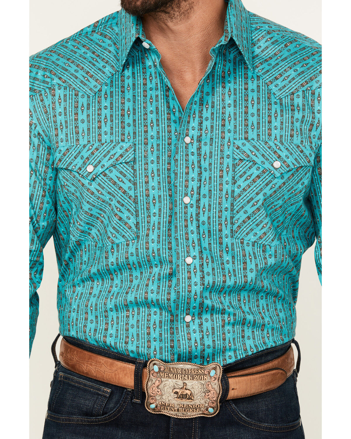 Image #3 - Rough Stock by Panhandle Men's Southwestern Striped Print Long Sleeve Pearl Snap Stretch Western Shirt, Turquoise, hi-res