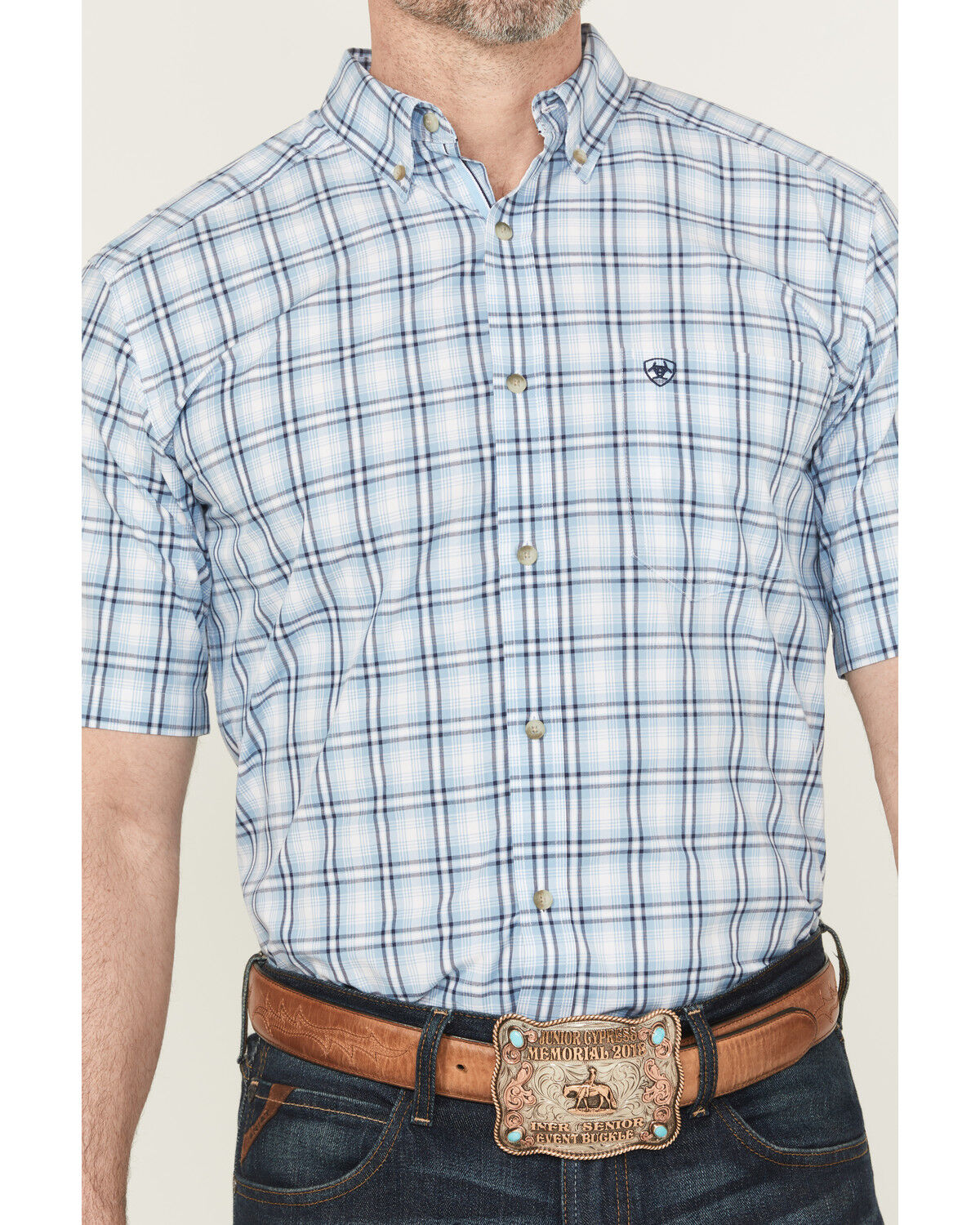 Image #3 - Ariat Men's Cal Pro Series Plaid Print Short Sleeve Button-Down Stretch Western Shirt - Tall, Light Blue, hi-res