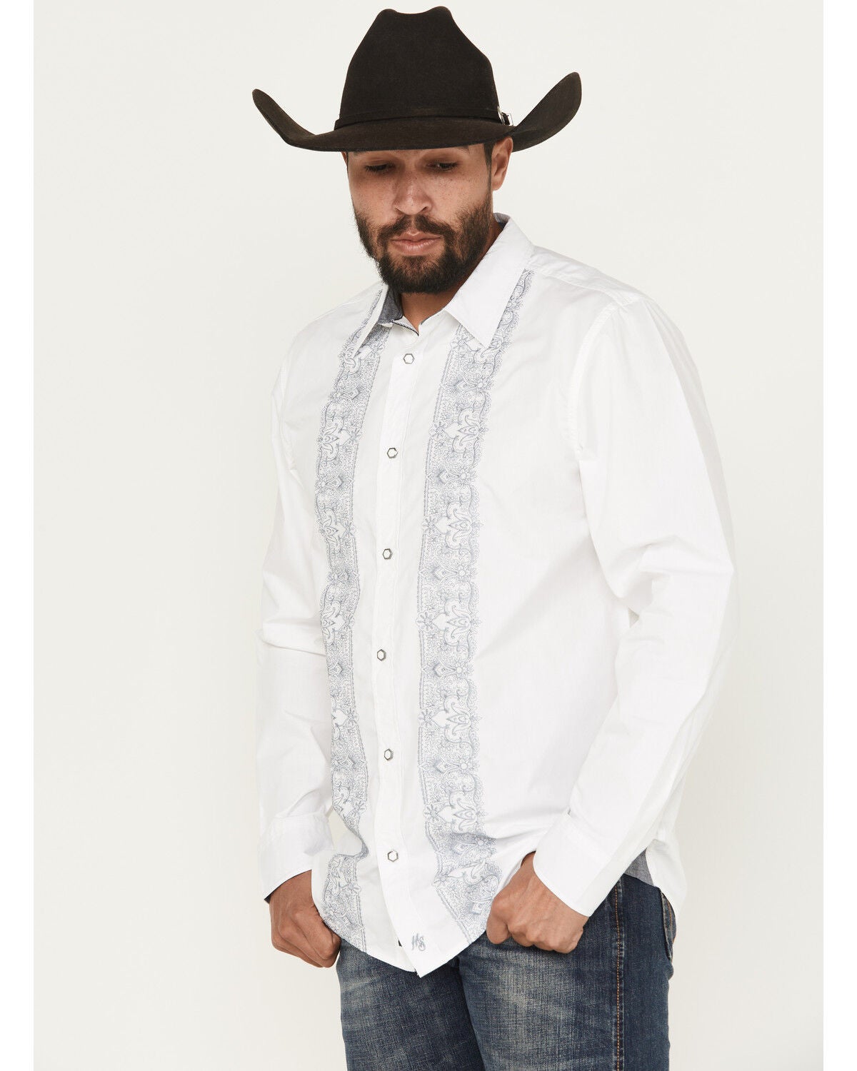 Moonshine Spirit&reg; Men's Heart Embroidered Long Sleeve Snap Western Shirt, White, hi-res