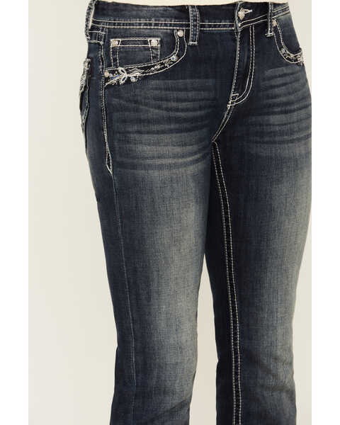 Image #4 - Grace in LA Women's Dark Wash Mid Rise Floral Pocket Bootcut Stretch Denim Jeans , Medium Wash, hi-res
