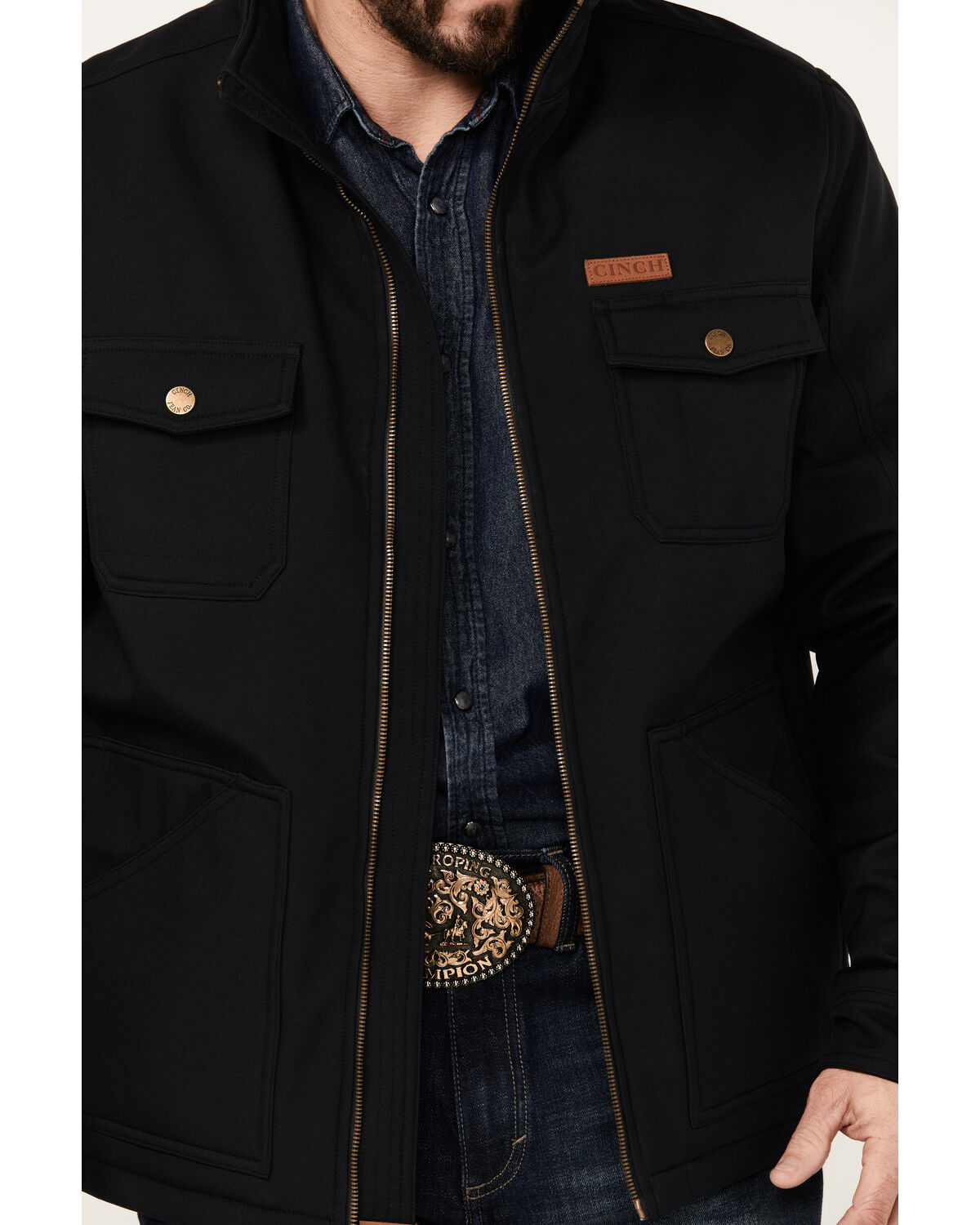 Image #3 - Cinch Men's Textured Poly Concealed Carry Zip Softshell Jacket, Black, hi-res