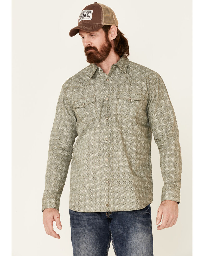 Moonshine Spirit Men's Sundial Geo Print Long Sleeve Snap Western Shirt , Forest Green, hi-res