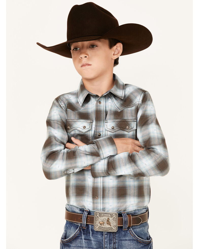 Cody James Boys' Background Plaid Long Sleeve Snap Western Shirt , Brown, hi-res