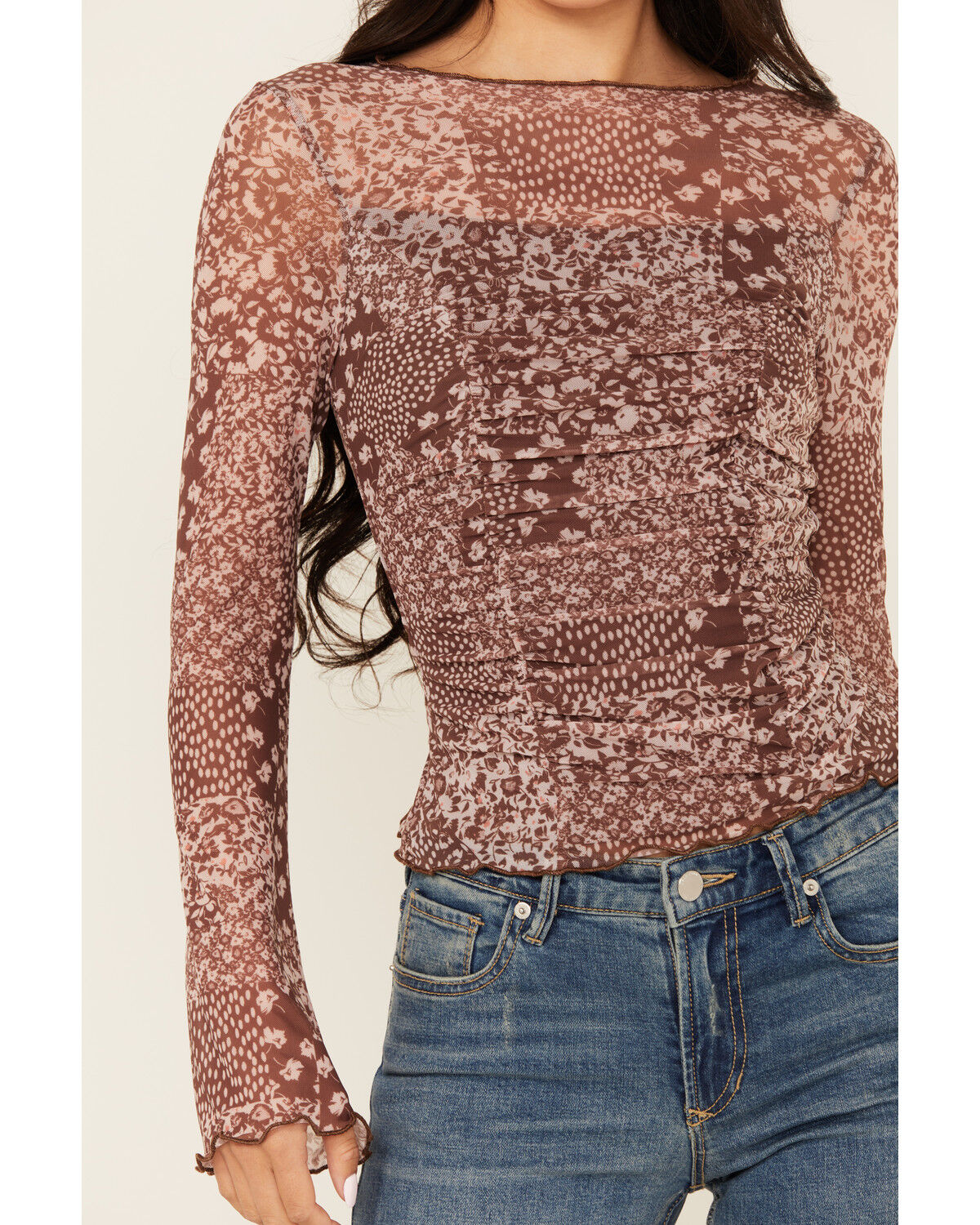 Image #3 - Trixxi Women's Floral Mesh Long Sleeve Seamed Top, Brown, hi-res