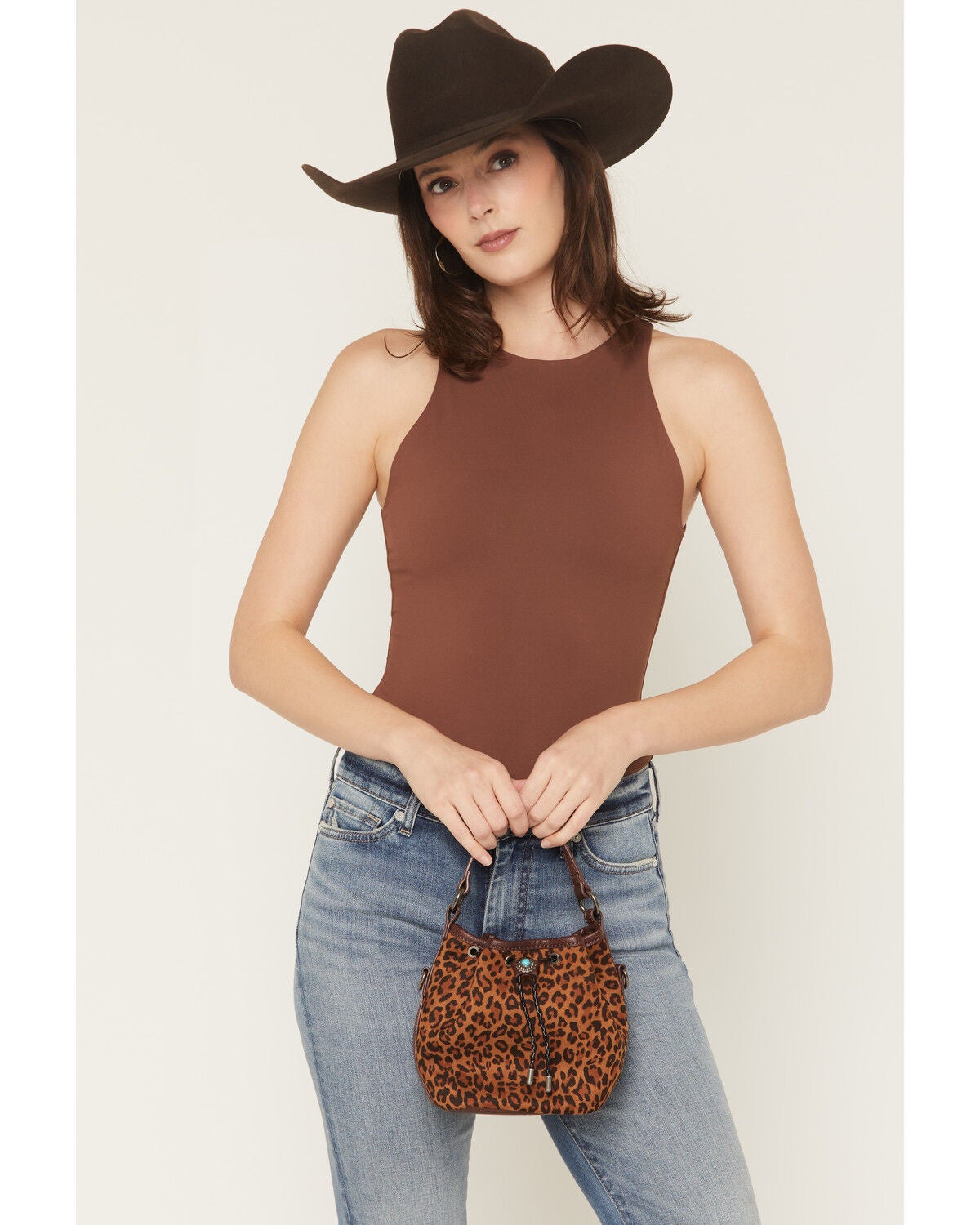 Justin Women's Leopard Print Mini Bucket Crossbody Bag, Brown, hi-res