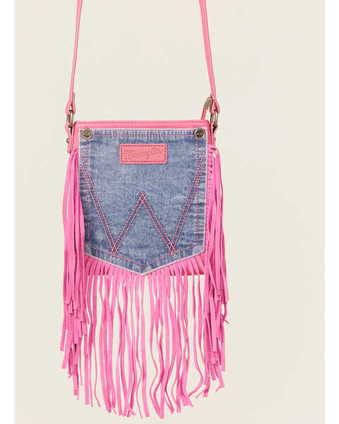 Image #2 - Wrangler Women's Leather Fringe Denim Jean Pocket Crossbody Bag, Hot Pink, hi-res