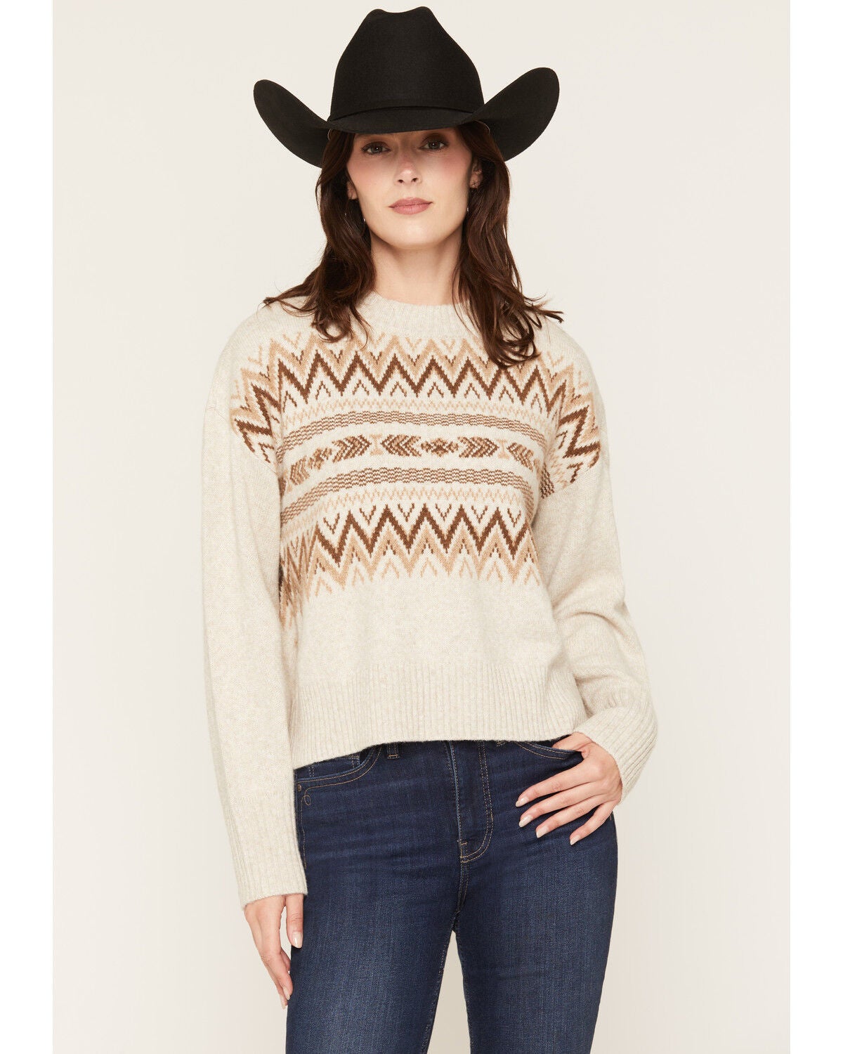 Image #1 - Ariat Women's Southwestern Print Lodge Sweater, Oatmeal, hi-res