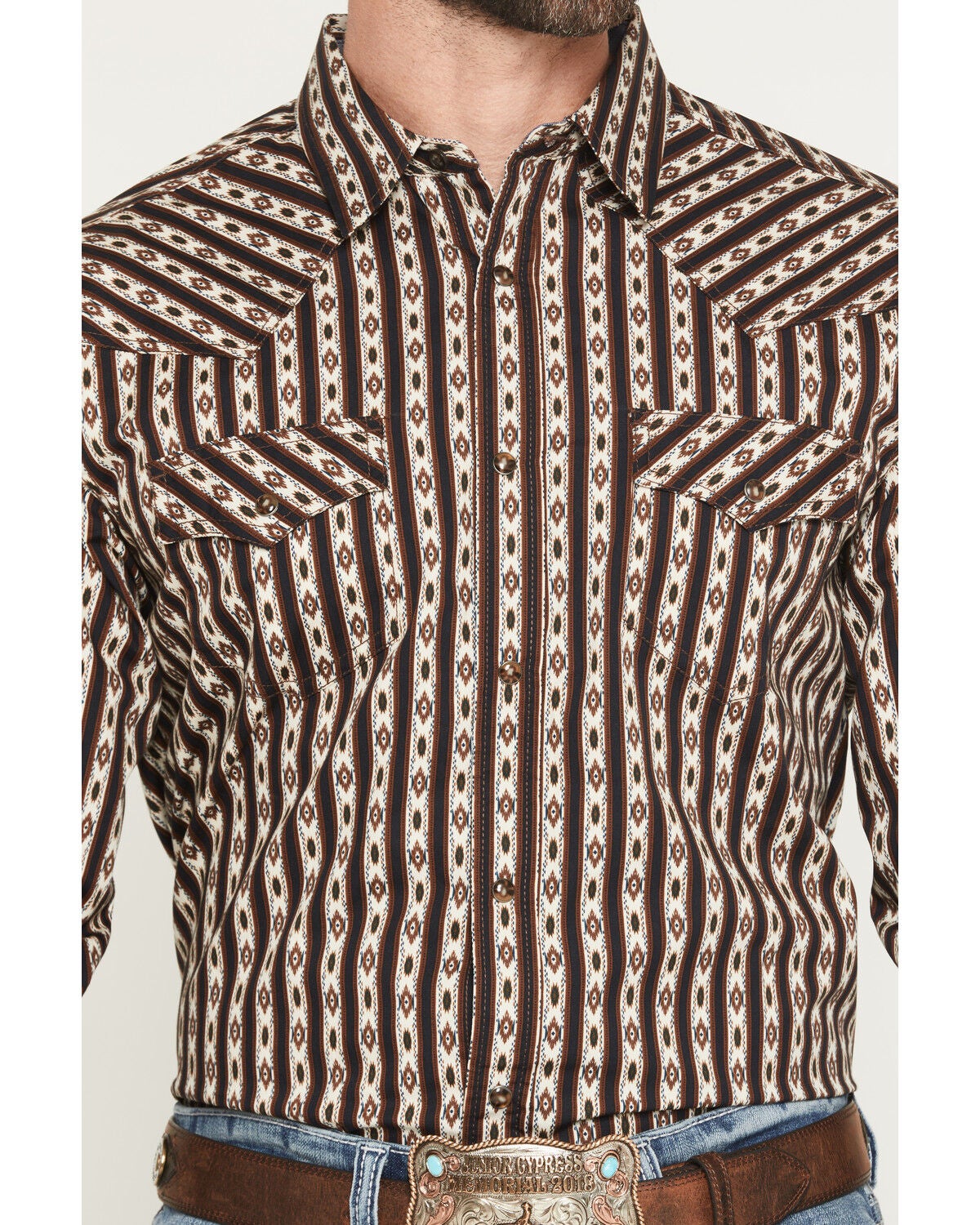 Image #3 - Cody James Men's Cowboys Legacy Southwestern Striped Long Sleeve Snap Western Shirt, Brown, hi-res