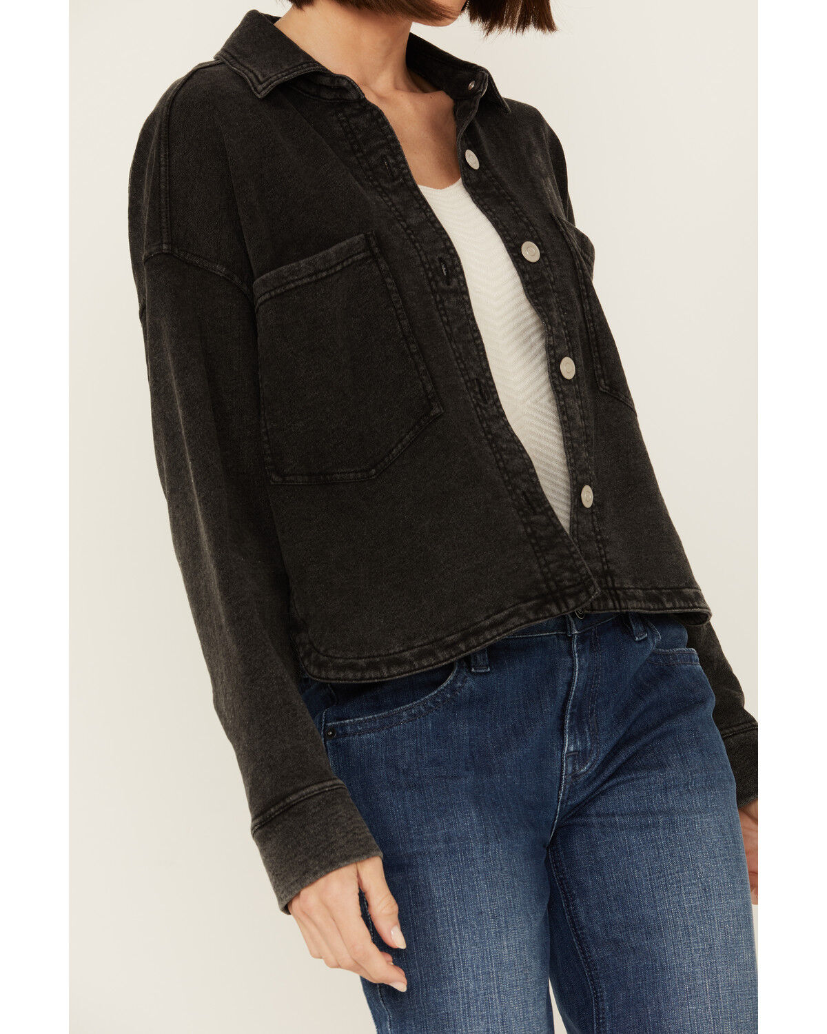 Image #3 - White Crow Women's Denim Knit Cropped Shacket, Black, hi-res