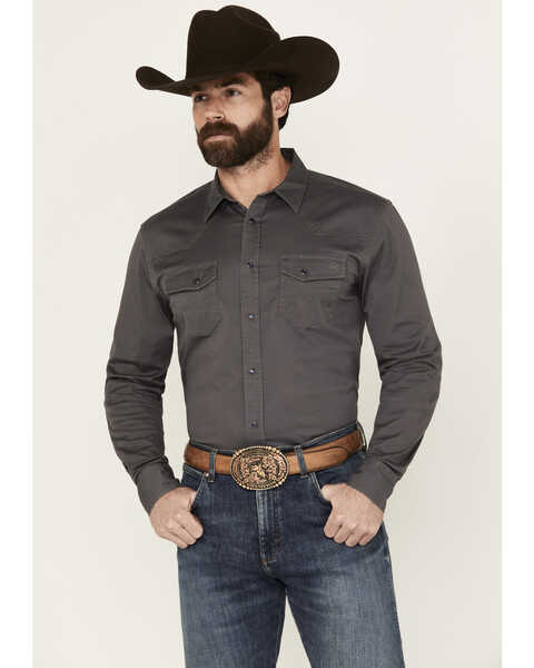 Blue Ranchwear Men's Rustler Solid Twill Long Sleeve Snap Stretch Western Work Shirt , Charcoal, hi-res