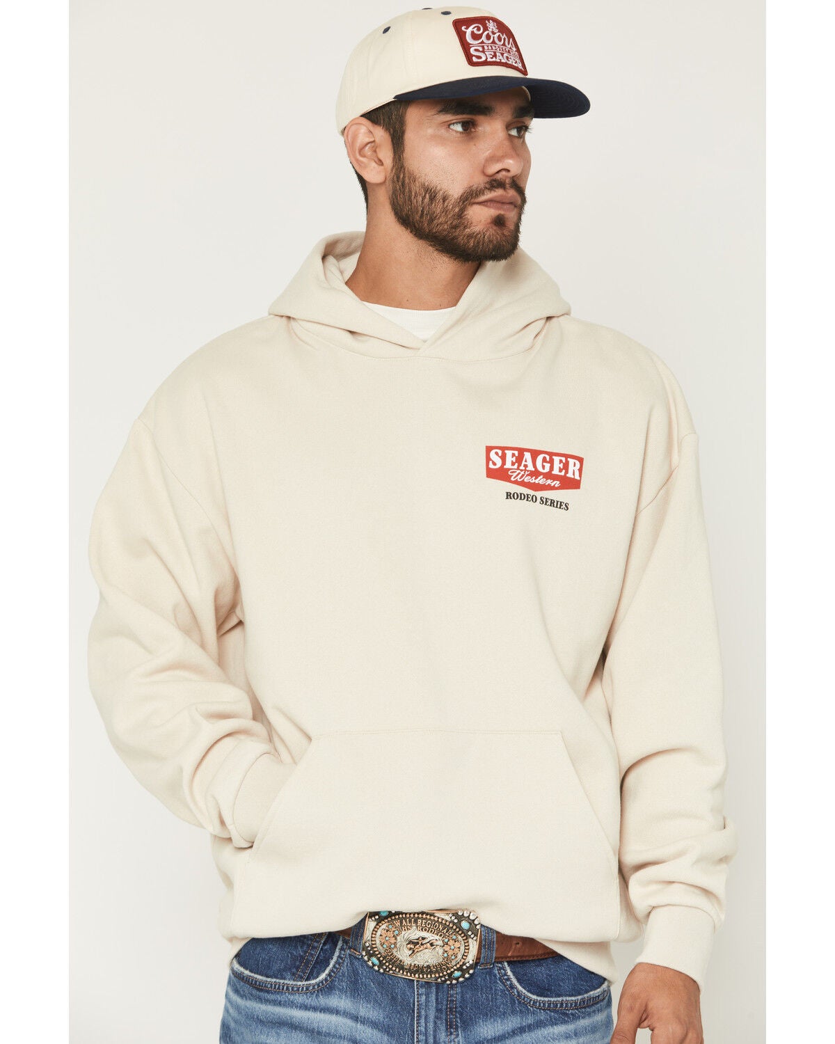 Image #3 - Seager Men's Rodeo Series Graphic Hooded Sweatshirt, Ivory, hi-res