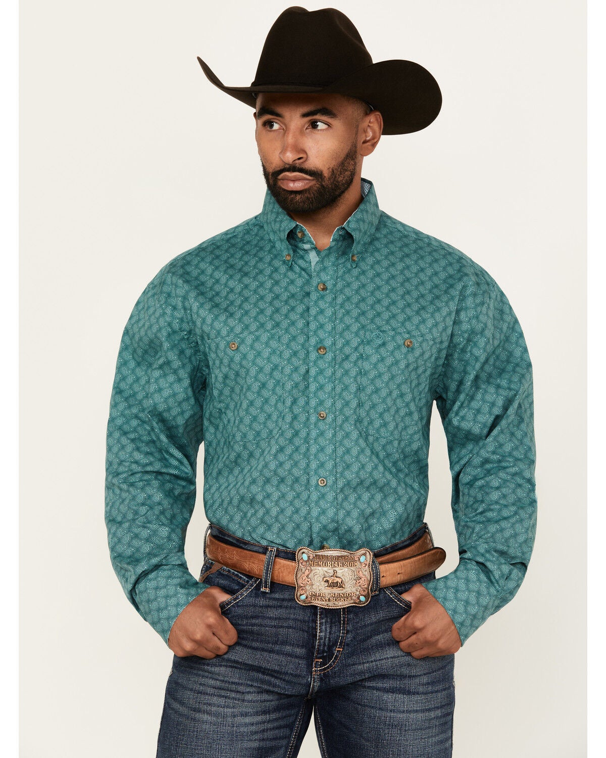 George Strait by Wrangler Men's Paisley Print Long Sleeve Button-Down Stretch Western Shirt - Big, Turquoise, hi-res