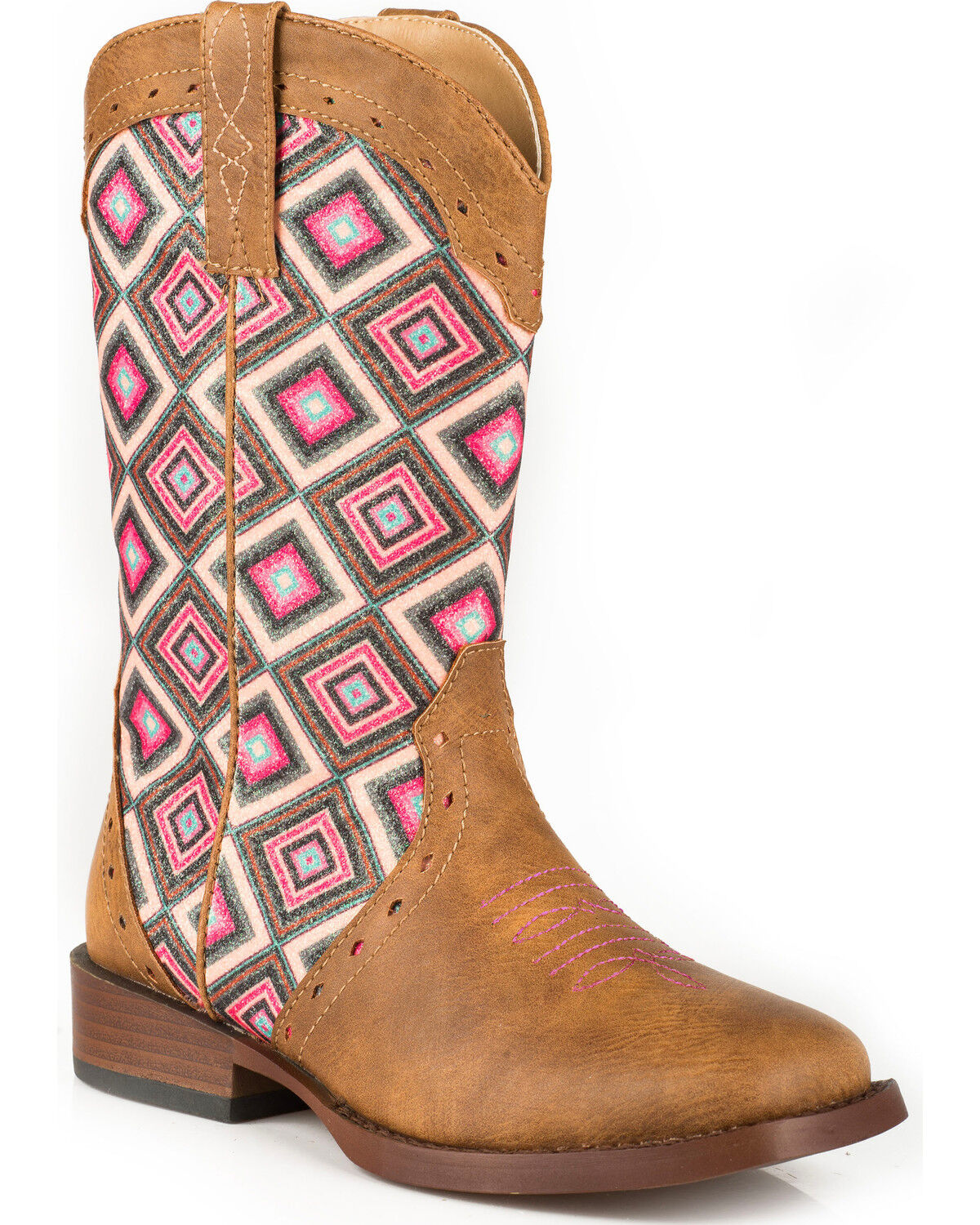 Image #1 - Roper Girls' Glitter Geo Pattern Boots - Square Toe, Tan, hi-res