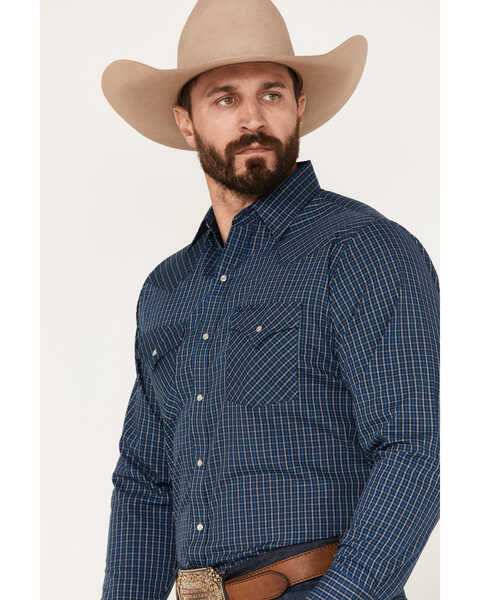 Image #2 - Ely Walker Men's Small Plaid Print Long Sleeve Pearl Snap Western Shirt, Navy, hi-res