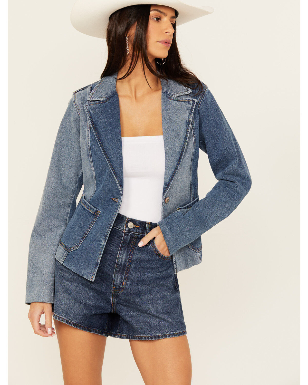 Image #1 - Shyanne Women's Oasis Medium Wash Denim Blocked Comfort Stretch Blazer, Medium Wash, hi-res