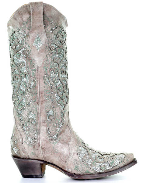 Corral Women's Glitter Inlay & Crystals Boots - Snip Toe, White, hi-res