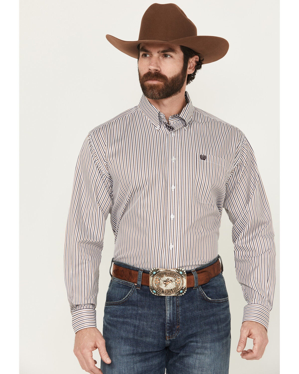Image #1 - Cinch Men's Striped Print Tencel Long Sleeve Button-Down Western Shirt, White, hi-res
