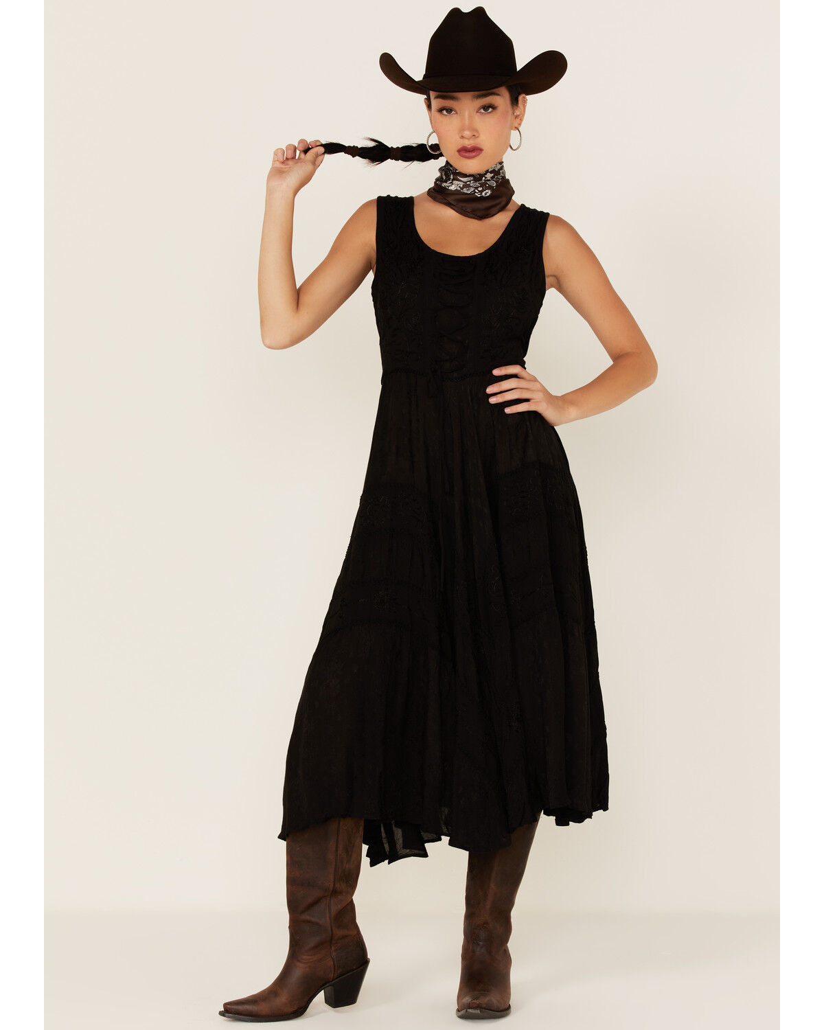 Image #1 - Scully Women's Lace-Up Jacquard Maxi Dress, Black, hi-res