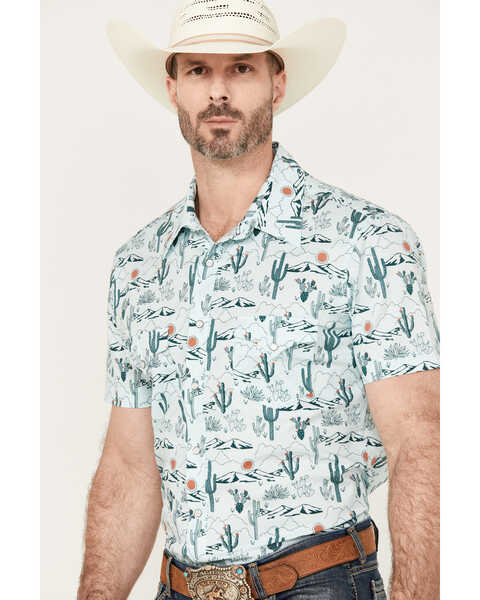 Image #2 - Rock & Roll Denim Men's Cactus Short Sleeve Western Pearl Snap Shirt, Teal, hi-res