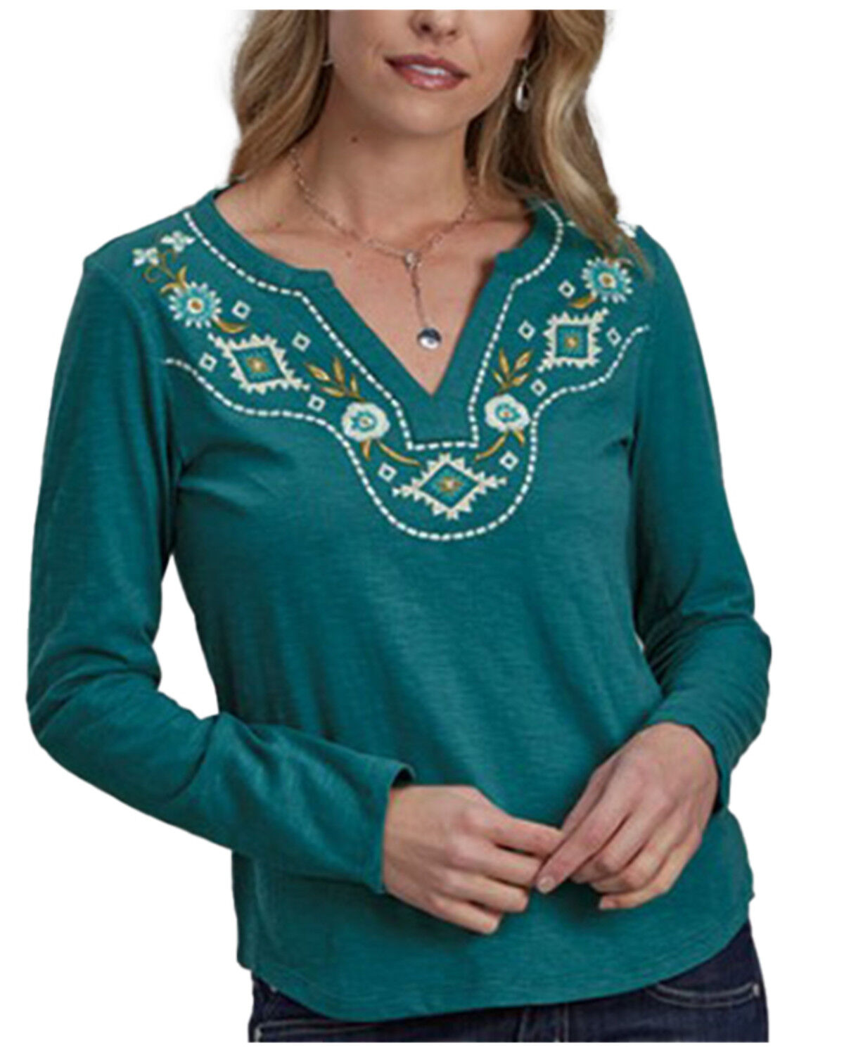 Image #1 - Roper Women's Floral Southwestern Embroidered Long Sleeve Shirt, Teal, hi-res