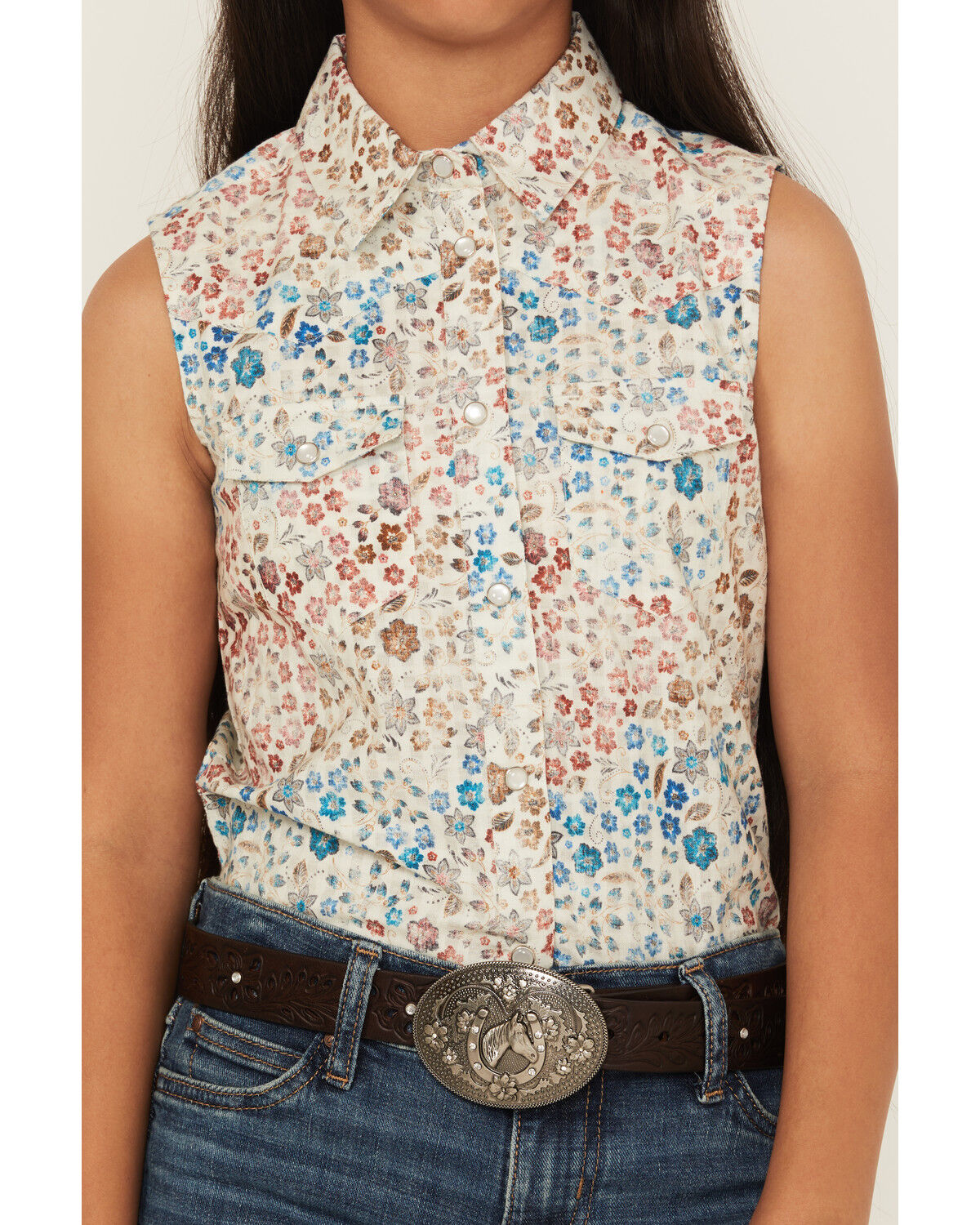 Image #3 - Shyanne Girls' Floral Print Sleeveless Snap Western Shirt, Ivory, hi-res