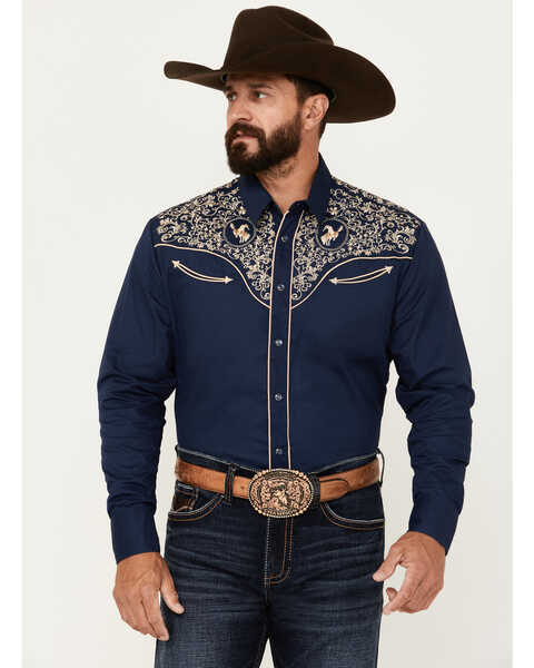 Rodeo Clothing Men's Embroidered Long Sleeve Snap Western Shirt, Blue, hi-res