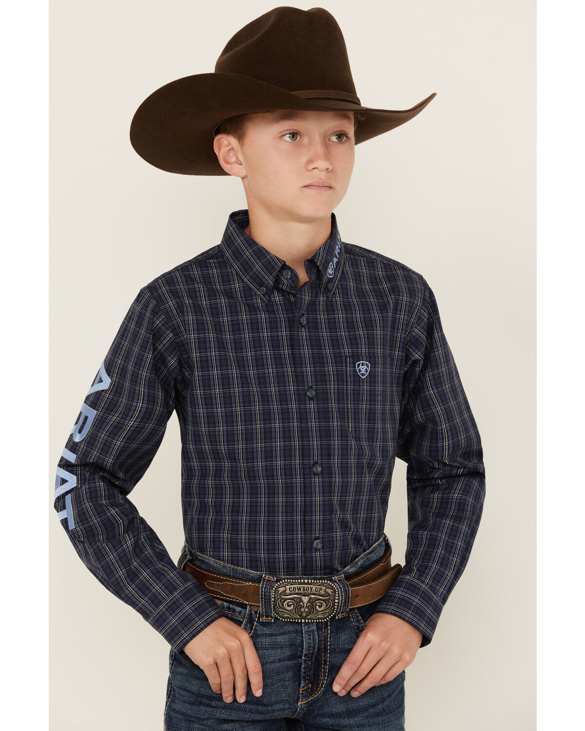 Image #1 - Ariat Boys' Team Plaid Print Long Sleeve Button-Down Western Shirt, Navy, hi-res