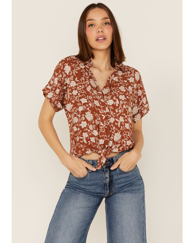 Shyanne Women's Floral Print Tie Front Short Sleeve Blouse , Brown, hi-res