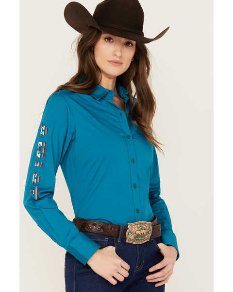 Ariat Women's Team Kirby Long Sleeve Button Down Stretch Western Shirt - Plus, Teal, hi-res