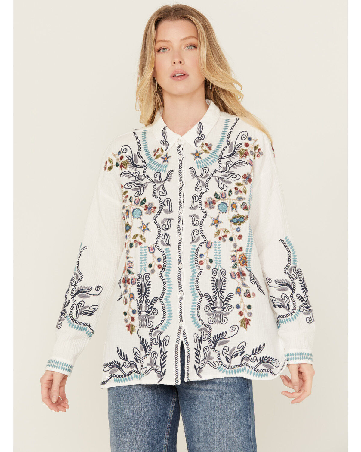 Image #1 - Johnny Was Women's Embroidered Long Sleeve Button-Down Shirt, White, hi-res