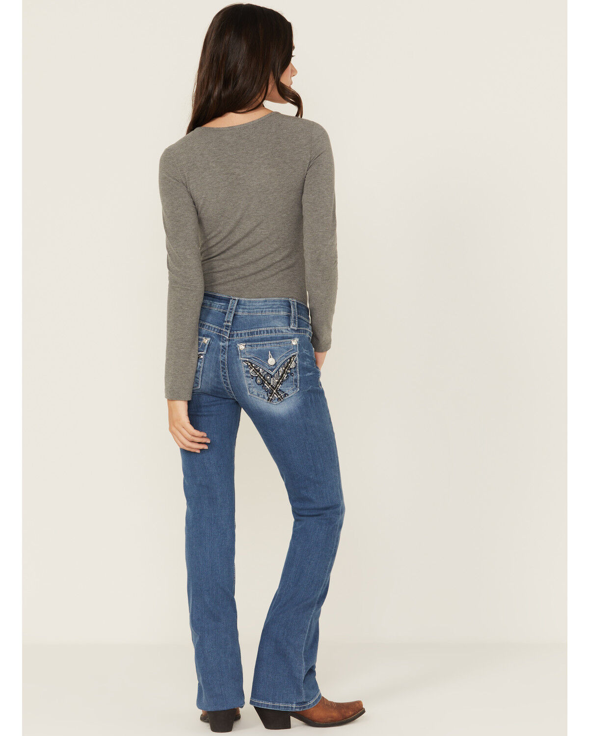 Image #1 - Shyanne Mid Rise Medium Wash Bootcut Paisley Faux Flap Stretch Denim Jeans, Medium Wash, hi-res