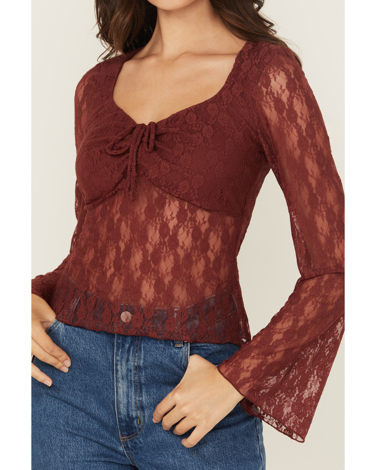 Image #3 - Trixxi Women's Solid Lace Long Bell Sleeve Shirt, Brown, hi-res