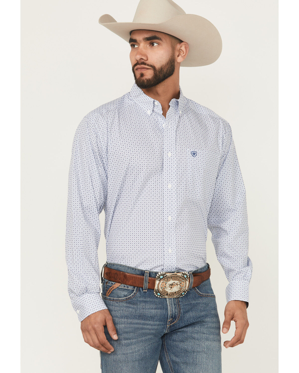 Image #1 - Ariat Men's Danny Wrinkle Free Geo Print Long Sleeve Button-Down Western Shirt - Tall, Blue, hi-res