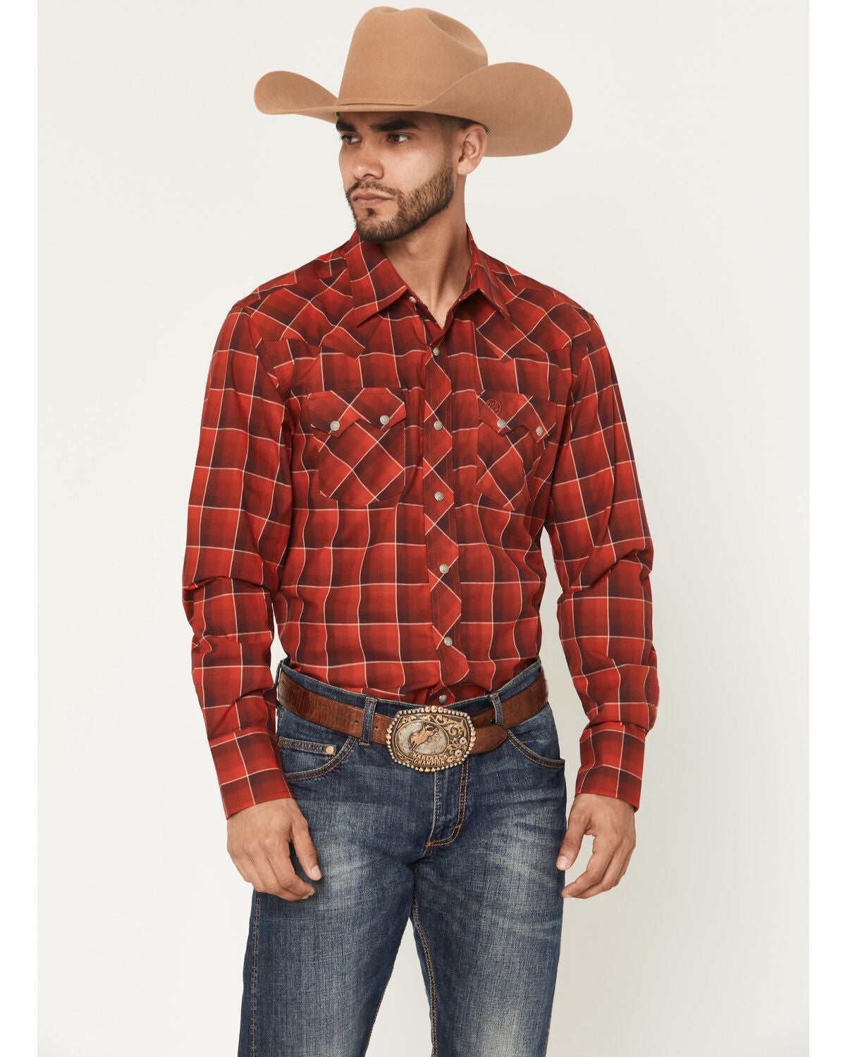 Wrangler Retro Men's Plaid Print Long Sleeve Snap Western Shirt, Red, hi-res