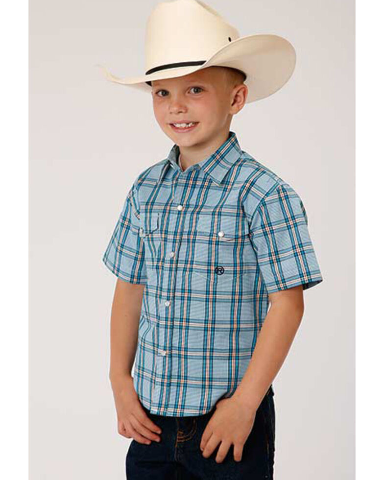 Amarillo Boys' Cold Creek Plaid Short Sleeve Western Shirt , Turquoise, hi-res