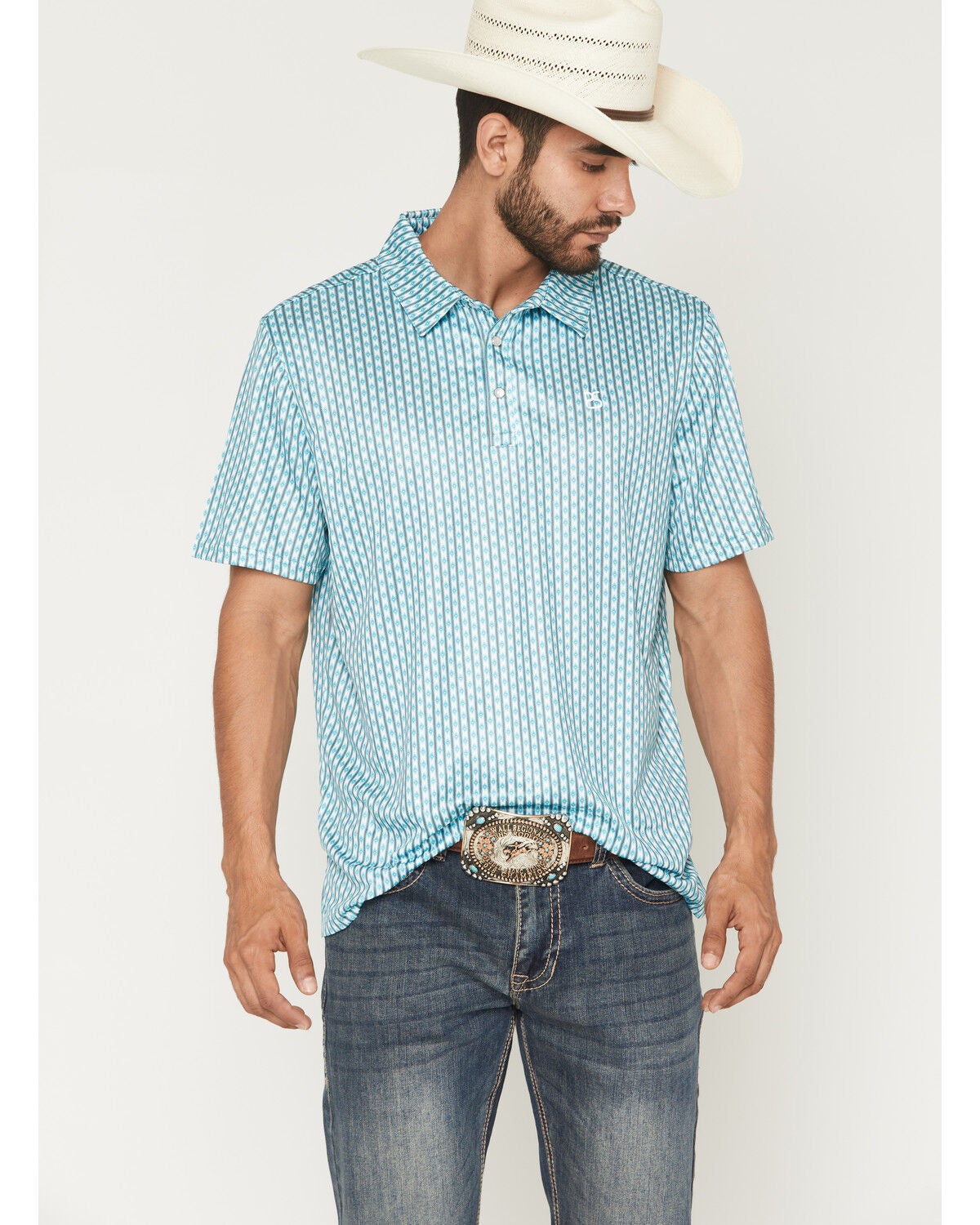 Image #1 - Panhandle Slim Men's Southwestern Striped Short Sleeve Button-Down Polo Shirt, Aqua, hi-res