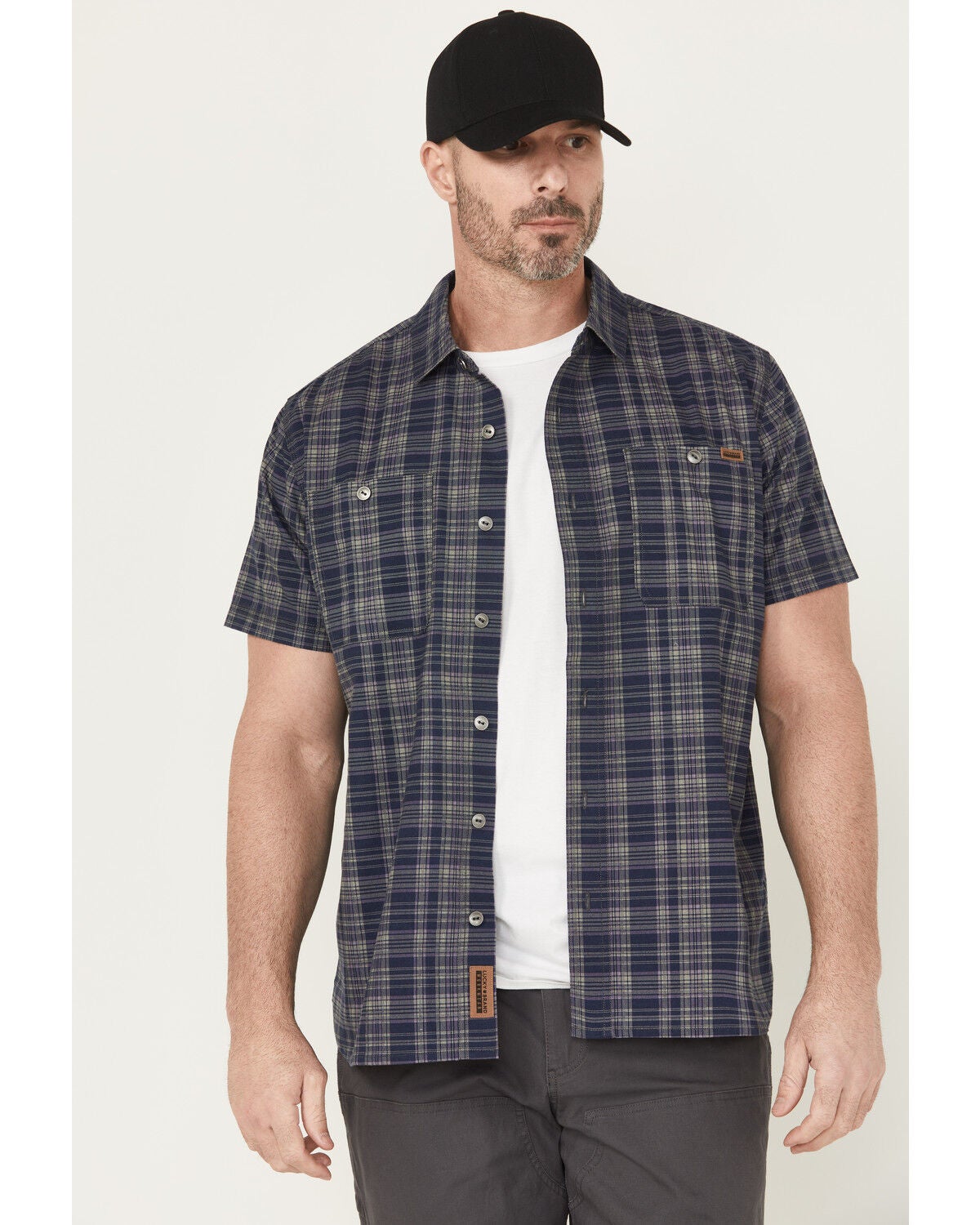 Lucky Brand Workwear Men's Plaid Print Short Sleeve Button-Down Work Shirt, Blue, hi-res