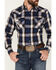 Ely Walker Men's Dobby Plaid Print Long Sleeve Pearl Snap Western Shirt, Navy, hi-res